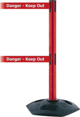 Tensator - 38" High, 2-1/2" Pole Diam, 4 Way Stanchion - 19" Base Diam, Octagon Recycled Rubber Base, Red Plastic Post, 7-1/2' x 2" Tape, Dual Line Tape, For Outdoor Use - Industrial Tool & Supply