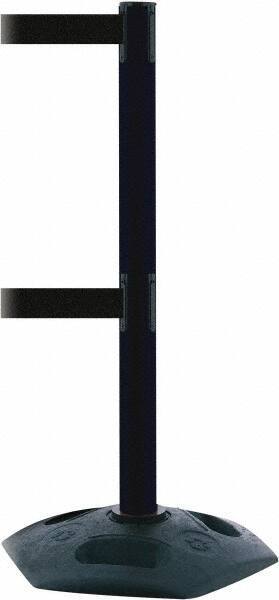 Tensator - 38" High, 2-1/2" Pole Diam, 4 Way Stanchion - 19" Base Diam, Octagon Recycled Rubber Base, Black Plastic Post, 13' x 2" Tape, Dual Line Tape, For Outdoor Use - Industrial Tool & Supply