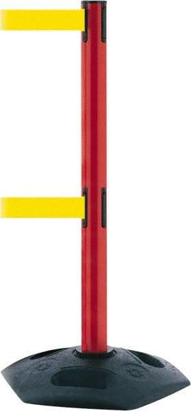 Tensator - 38" High, 2-1/2" Pole Diam, 4 Way Stanchion - 19" Base Diam, Octagon Recycled Rubber Base, Red Plastic Post, 13' x 2" Tape, Dual Line Tape, For Outdoor Use - Industrial Tool & Supply