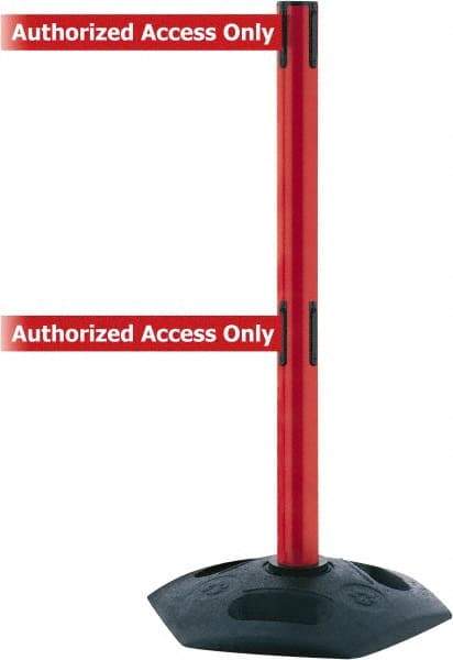Tensator - 38" High, 2-1/2" Pole Diam, 4 Way Stanchion - 19" Base Diam, Octagon Recycled Rubber Base, Red Plastic Post, 13' x 2" Tape, Dual Line Tape, For Outdoor Use - Industrial Tool & Supply