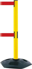 Tensator - 38" High, 2-1/2" Pole Diam, 4 Way Stanchion - 19" Base Diam, Octagon Recycled Rubber Base, Yellow Plastic Post, 13' x 2" Tape, Dual Line Tape, For Outdoor Use - Industrial Tool & Supply