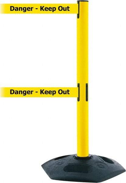 Tensator - 38" High, 2-1/2" Pole Diam, 4 Way Stanchion - 19" Base Diam, Octagon Recycled Rubber Base, Yellow Plastic Post, 13' x 2" Tape, Dual Line Tape, For Outdoor Use - Industrial Tool & Supply