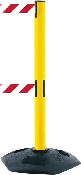 Tensator - 38" High, 2-1/2" Pole Diam, 4 Way Stanchion - 19" Base Diam, Octagon Recycled Rubber Base, Yellow Plastic Post, 13' x 2" Tape, Dual Line Tape, For Outdoor Use - Industrial Tool & Supply