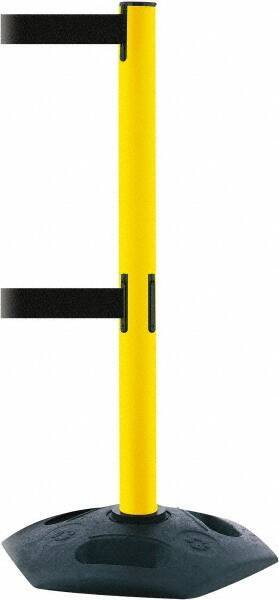 Tensator - 38" High, 2-1/2" Pole Diam, 4 Way Stanchion - 19" Base Diam, Octagon Recycled Rubber Base, Yellow Plastic Post, 13' x 2" Tape, Dual Line Tape, For Outdoor Use - Industrial Tool & Supply