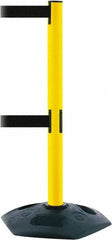 Tensator - 38" High, 2-1/2" Pole Diam, 4 Way Stanchion - 19" Base Diam, Octagon Recycled Rubber Base, Yellow Plastic Post, 13' x 2" Tape, Dual Line Tape, For Outdoor Use - Industrial Tool & Supply