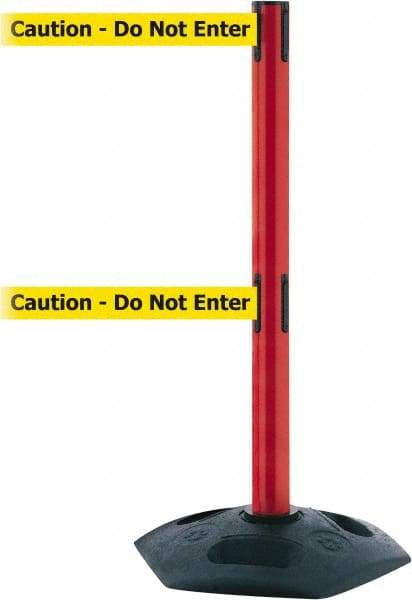 Tensator - 38" High, 2-1/2" Pole Diam, 4 Way Stanchion - 19" Base Diam, Octagon Recycled Rubber Base, Red Plastic Post, 13' x 2" Tape, Dual Line Tape, For Outdoor Use - Industrial Tool & Supply