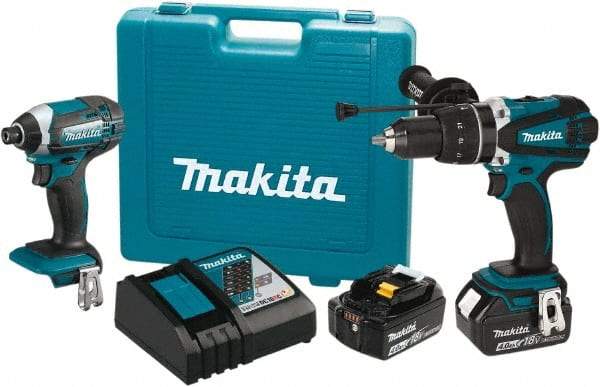 Makita - 18 Volt Cordless Tool Combination Kit - Includes 1/2" Hammer Drill/Driver & Impact Driver, Lithium-Ion Battery Included - Industrial Tool & Supply