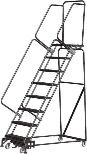 Ballymore - 113" 8 Step Rolling Warehouse Ladder - Lock Step Rolling Safety Ladder, 450 Lb Capacity, 80" Platform Height, 32" Base Width x 61" Base Depth, Perforated Tread - Industrial Tool & Supply