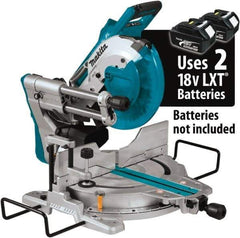 Makita - 36 Amp, 18 Volt, 4,400 RPM, 60° Double Bevel Sliding Miter Saw - 5/8" Arbor, 10" Blade Diam, Includes Vertical Vise, Dust Bag, Triangular Rule, Hex Wrench & 10" x 5/8" 40T Micro-Polished Miter Saw Blade - Industrial Tool & Supply