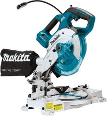 Makita - 36 Amp, 18 Volt, 5,000 RPM, 52° Double Bevel Miter Saw - 5/8" Arbor, 6-1/2" Blade Diam, Includes Triangular Rule, Vertical Vise, Dust Bag, (1) 6-1/2" x 5/8" 64T Micro-Polished Miter Saw Blade & Hex Wrench - Industrial Tool & Supply