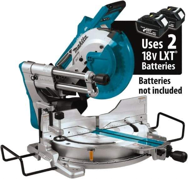 Makita - 36 Amp, 18 Volt, 4,400 RPM, 60° Double Bevel Sliding Miter Saw - 5/8" Arbor, 10" Blade Diam, Includes Vertical Vise, Triangular Rule, Dust Bag, Hex Wrench, 10" x 5/8" 40T Micro-Polished Miter Saw Blade & Wireless Unit - Industrial Tool & Supply