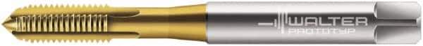 Walter-Prototyp - M3.5x0.60 Metric 6H 3 Flute TiN Finish Cobalt Straight Flute Machine Tap - Modified Bottoming, Right Hand Thread, 56mm OAL, 11mm Thread Length, Oversize - Exact Industrial Supply