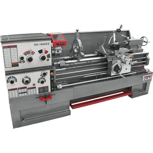 Jet - 16" Swing, 60" Between Centers, 230 Volt, Triple Phase Engine Lathe - 7MT Taper, 7-1/2 hp, 25 to 1,800 RPM, 3-1/8" Bore Diam, 40" Deep x 48" High x 97-1/2" Long - Industrial Tool & Supply