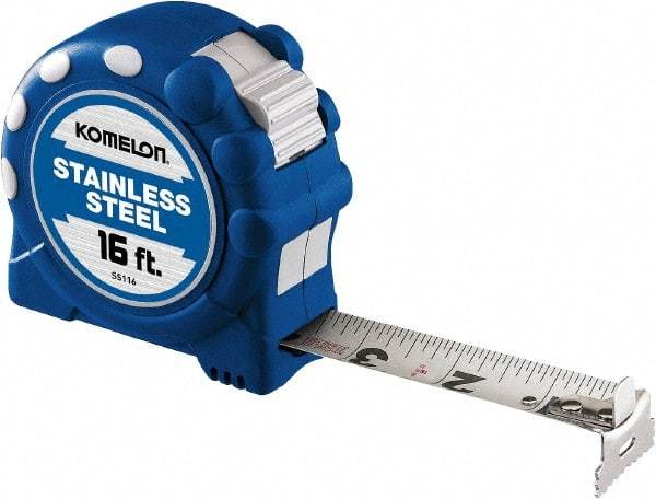 Komelon - 16' x 1" White Stainless Steel Blade Tape Measure - 1/16" Graduation, Inch Graduation Style, Blue/Silver ABS Plastic Case - Industrial Tool & Supply