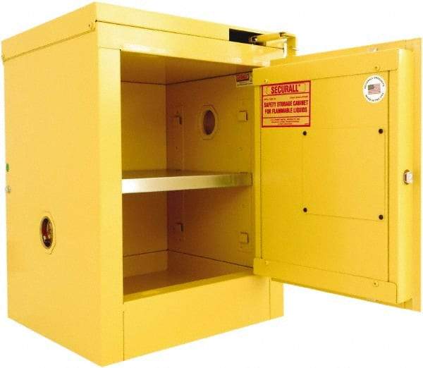 Securall Cabinets - 1 Door, 1 Shelf, Yellow Steel Standard Safety Cabinet for Flammable and Combustible Liquids - 24" High x 17" Wide x 17" Deep, Self Closing Door, 3 Point Key Lock, 4 Gal Capacity - Industrial Tool & Supply