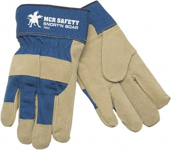 MCR Safety - Size L Pigskin General Protection Work Gloves - For Work & Driver, Uncoated, Safety Cuff, Gray/Blue, Paired - Industrial Tool & Supply