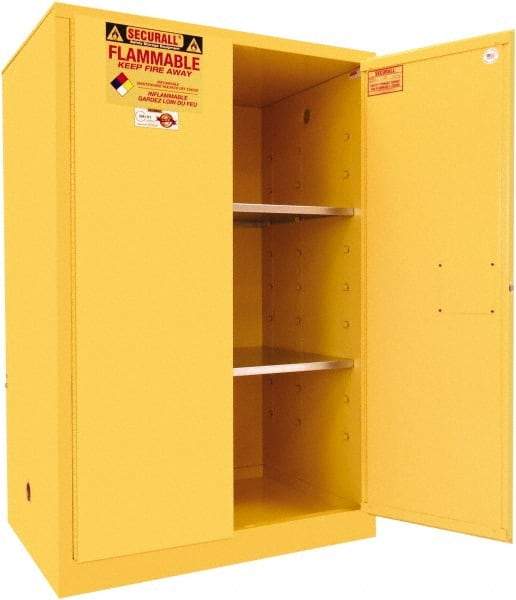 Securall Cabinets - 2 Door, 2 Shelf, Yellow Steel Standard Safety Cabinet for Flammable and Combustible Liquids - 65" High x 43" Wide x 31" Deep, Manual Closing Door, 3 Point Key Lock, 90 Gal Capacity - Industrial Tool & Supply