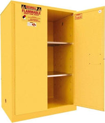 Securall Cabinets - 2 Door, 2 Shelf, Yellow Steel Standard Safety Cabinet for Flammable and Combustible Liquids - 65" High x 43" Wide x 31" Deep, Manual Closing Door, 3 Point Key Lock, 90 Gal Capacity - Industrial Tool & Supply
