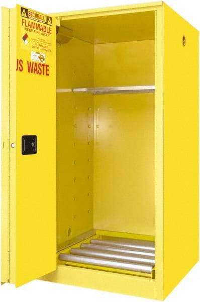 Securall Cabinets - 34" Wide x 34" Deep x 65" High, 18 Gauge Steel Vertical Drum Cabinet with 3 Point Key Lock - Yellow, Self-Closing Door, 1 Shelf, 1 Drum, Drum Rollers Included - Industrial Tool & Supply