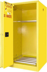 Securall Cabinets - 34" Wide x 34" Deep x 65" High, 18 Gauge Steel Vertical Drum Cabinet with 3 Point Key Lock - Yellow, Self-Closing Door, 1 Shelf, 1 Drum, Drum Rollers Included - Industrial Tool & Supply
