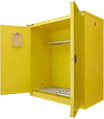 Securall Cabinets - 56" Wide x 31" Deep x 67" High, 18 Gauge Steel Vertical Drum Cabinet with 3 Point Key Lock - Yellow, Self-Closing Door, 1 Shelf, 2 Drums, Drum Rollers Included - Industrial Tool & Supply