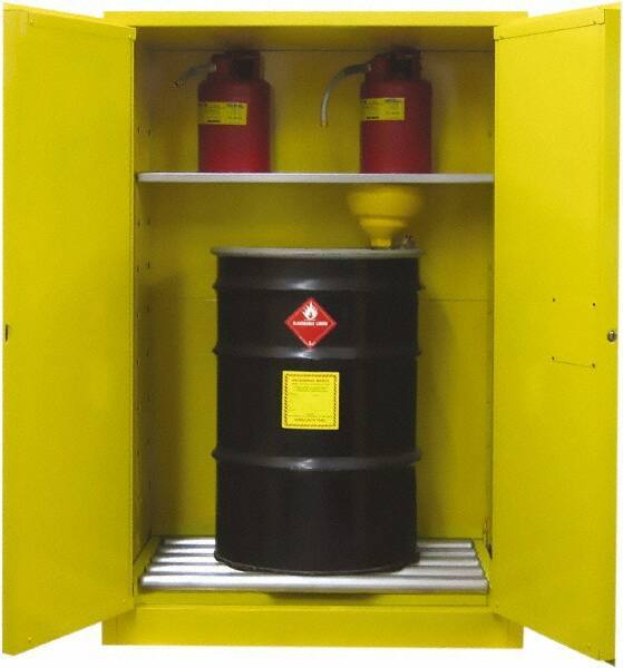Securall Cabinets - 43" Wide x 31" Deep x 67" High, 18 Gauge Steel Vertical Drum Cabinet with 3 Point Key Lock - Yellow, Self-Closing Door, 1 Shelf, 2 Drums, Drum Rollers Included - Industrial Tool & Supply