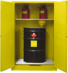 Securall Cabinets - 43" Wide x 31" Deep x 67" High, 18 Gauge Steel Vertical Drum Cabinet with 3 Point Key Lock - Yellow, Self-Closing Door, 1 Shelf, 2 Drums, Drum Rollers Included - Industrial Tool & Supply