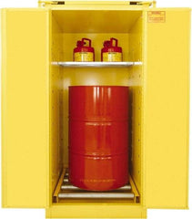 Securall Cabinets - 31" Wide x 31" Deep x 67" High, 18 Gauge Steel Vertical Drum Cabinet with 3 Point Key Lock - Yellow, Self-Closing Door, 1 Shelf, 1 Drum, Drum Rollers Included - Industrial Tool & Supply
