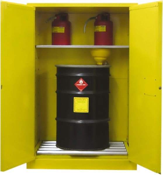 Securall Cabinets - 43" Wide x 31" Deep x 65" High, 18 Gauge Steel Vertical Drum Cabinet with 3 Point Key Lock - Yellow, Sliding Door Door, 1 Shelf, 2 Drums, Drum Rollers Included - Industrial Tool & Supply