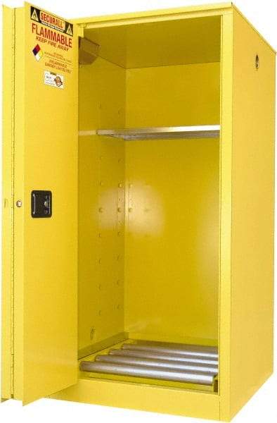 Securall Cabinets - 34" Wide x 34" Deep x 65" High, 18 Gauge Steel Vertical Drum Cabinet with 3 Point Key Lock - Yellow, Sliding Door Door, 1 Shelf, 1 Drum, Drum Rollers Included - Industrial Tool & Supply