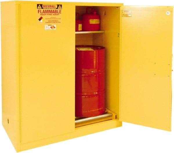 Securall Cabinets - 56" Wide x 31" Deep x 65" High, 18 Gauge Steel Vertical Drum Cabinet with 3 Point Key Lock - Yellow, Manual Closing Door, 3 Shelves, 1 Drum, Drum Rollers Included - Industrial Tool & Supply