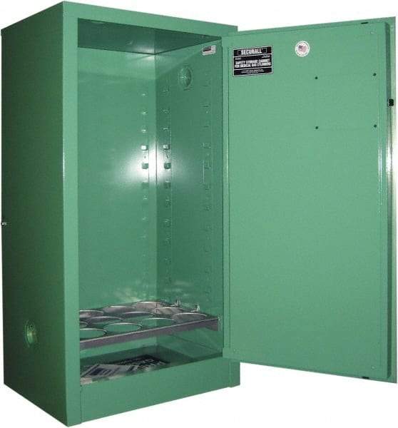 Securall Cabinets - 1 Door, Green Steel Standard Safety Cabinet for Flammable and Combustible Liquids - 65" High x 43" Wide x 34" Deep, Manual Closing Door, 3 Point Key Lock, H Cylinder Capacity - Industrial Tool & Supply