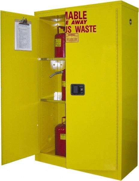 Securall Cabinets - 2 Door, 2 Shelf, Yellow Steel Standard Safety Cabinet for Flammable and Combustible Liquids - 65" High x 43" Wide x 18" Deep, Manual Closing Door, 3 Point Key Lock, 45 Gal Capacity - Industrial Tool & Supply