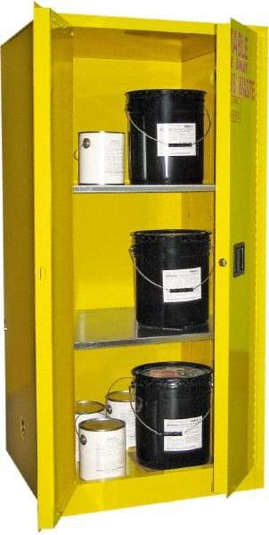 Securall Cabinets - 2 Door, 2 Shelf, Yellow Steel Standard Safety Cabinet for Flammable and Combustible Liquids - 65" High x 31" Wide x 31" Deep, Manual Closing Door, 3 Point Key Lock, 60 Gal Capacity - Industrial Tool & Supply