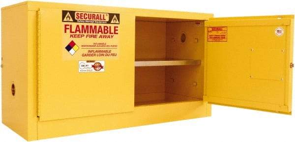 Securall Cabinets - 2 Door, 1 Shelf, Yellow Steel Stackable Safety Cabinet for Flammable and Combustible Liquids - 26" High x 43" Wide x 18" Deep, Self Closing Door, 3 Point Key Lock, 18 Gal Capacity - Industrial Tool & Supply