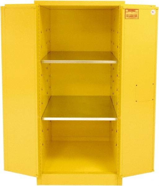 Securall Cabinets - 2 Door, 2 Shelf, Yellow Steel Standard Safety Cabinet for Flammable and Combustible Liquids - 65" High x 31" Wide x 31" Deep, Manual Closing Door, 3 Point Key Lock, 60 Gal Capacity - Industrial Tool & Supply