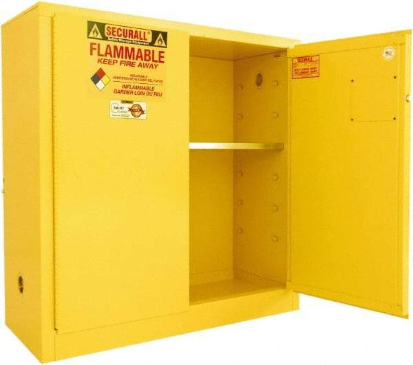 Securall Cabinets - 2 Door, 1 Shelf, Yellow Steel Standard Safety Cabinet for Flammable and Combustible Liquids - 44" High x 43" Wide x 18" Deep, Manual Closing Door, 3 Point Key Lock, 30 Gal Capacity - Industrial Tool & Supply