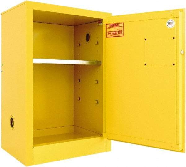 Securall Cabinets - 1 Door, 1 Shelf, Yellow Steel Standard Safety Cabinet for Flammable and Combustible Liquids - 35" High x 24" Wide x 18" Deep, Manual Closing Door, 3 Point Key Lock, 12 Gal Capacity - Industrial Tool & Supply