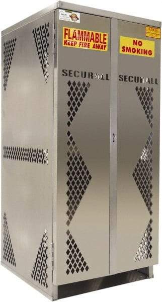Securall Cabinets - 2 Door, Silver Aluminum Standard Safety Cabinet for Flammable and Combustible Liquids - 65" High x 60" Wide x 32" Deep, Manual Closing Door, Padlockable Hasp, Vertical Cylinder Capacity - Industrial Tool & Supply