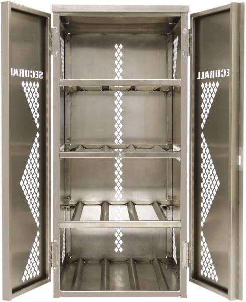 Securall Cabinets - 2 Door, 2 Shelf, Silver Aluminum Standard Safety Cabinet for Flammable and Combustible Liquids - 33" High x 43" Wide x 32" Deep, Manual Closing Door, Padlockable Hasp, 20 or 33 Lb Cylinder Capacity - Industrial Tool & Supply