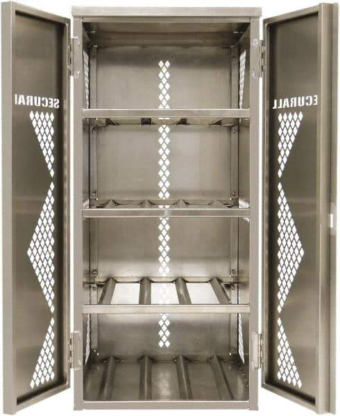 Securall Cabinets - 2 Door, 4 Shelf, Silver Aluminum Standard Safety Cabinet for Flammable and Combustible Liquids - 65" High x 30" Wide x 32" Deep, Manual Closing Door, Padlockable Hasp, 20 or 33 Lb Cylinder Capacity - Industrial Tool & Supply