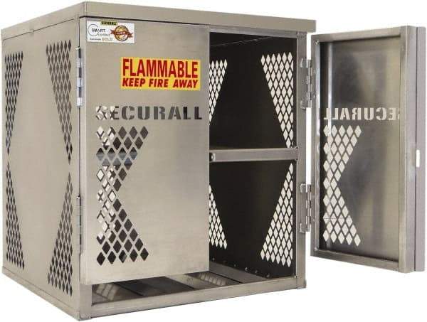 Securall Cabinets - 2 Door, 2 Shelf, Silver Aluminum Standard Safety Cabinet for Flammable and Combustible Liquids - 33" High x 30" Wide x 32" Deep, Manual Closing Door, Padlockable Hasp, 20 or 33 Lb Cylinder Capacity - Industrial Tool & Supply