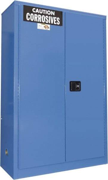 Securall Cabinets - 2 Door, 2 Shelf, Blue Steel Standard Safety Cabinet for Corrosive Chemicals - 65" High x 43" Wide x 18" Deep, Manual Closing Door, 3 Point Key Lock, 45 Gal Capacity - Industrial Tool & Supply