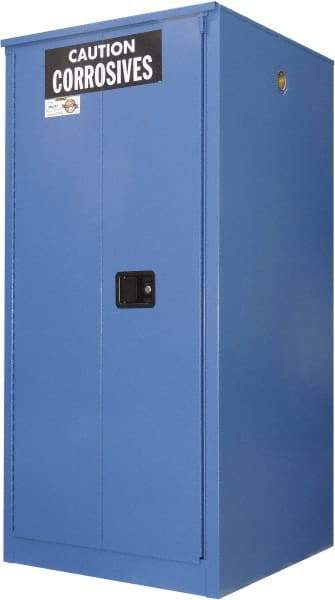 Securall Cabinets - 2 Door, 2 Shelf, Blue Steel Standard Safety Cabinet for Corrosive Chemicals - 65" High x 34" Wide x 34" Deep, Sliding Door, 3 Point Key Lock, 60 Gal Capacity - Industrial Tool & Supply