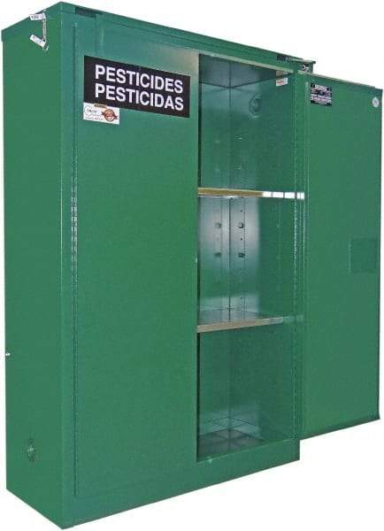 Securall Cabinets - 2 Door, 2 Shelf, Green Steel Standard Safety Cabinet for Flammable and Combustible Liquids - 65" High x 43" Wide x 18" Deep, Manual Closing Door, 3 Point Key Lock, 45 Gal Capacity - Industrial Tool & Supply