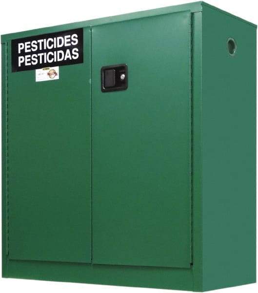 Securall Cabinets - 2 Door, 1 Shelf, Green Steel Standard Safety Cabinet for Flammable and Combustible Liquids - 44" High x 43" Wide x 18" Deep, Manual Closing Door, 3 Point Key Lock, 30 Gal Capacity - Industrial Tool & Supply