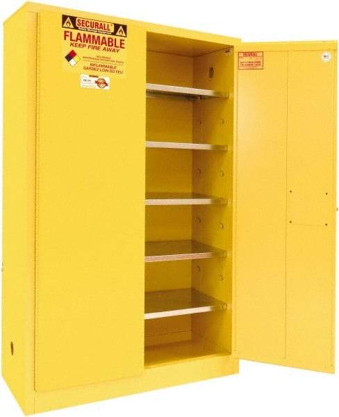 Securall Cabinets - 2 Door, 5 Shelf, Yellow Steel Standard Safety Cabinet for Flammable and Combustible Liquids - 65" High x 43" Wide x 18" Deep, Manual Closing Door, 3 Point Key Lock, 60 Gal Capacity - Industrial Tool & Supply