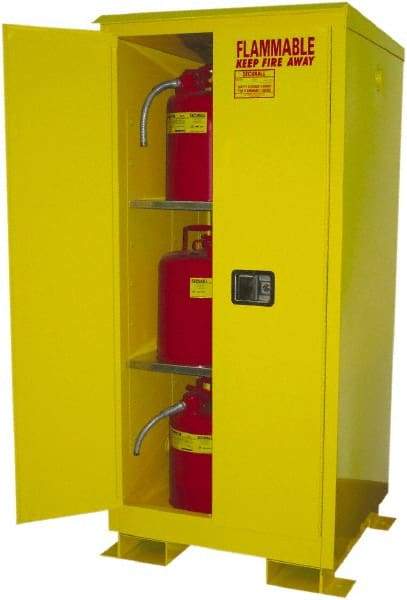 Securall Cabinets - 2 Door, 2 Shelf, Yellow Steel Standard Safety Cabinet for Flammable and Combustible Liquids - 69" High x 31" Wide x 31" Deep, Manual Closing Door, 3 Point Key Lock, 60 Gal Capacity - Industrial Tool & Supply