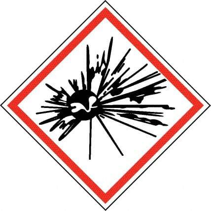 NMC - Hazardous Materials Label, Header: Explosive Warning - Legend: GHS - Graphic, English, Black & Red, 4" Long x 4" High, No Coating - Industrial Tool & Supply