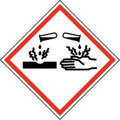NMC - Hazardous Materials Label, Header: Corrosive Warning - Legend: GHS - Graphic, English, Black & Red, 4" Long x 4" High, No Coating - Industrial Tool & Supply